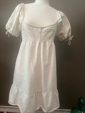 White Puff-Sleeve Midi Dress - Classic Square Neck